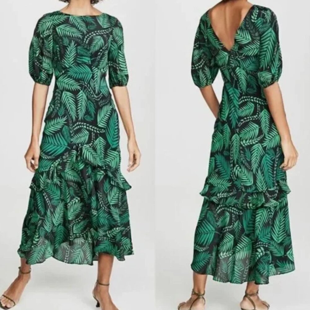 Rixo Womens Cheryl‎ Midi Dress Green Black Cuba Palm Print Silk Half Sleeve S